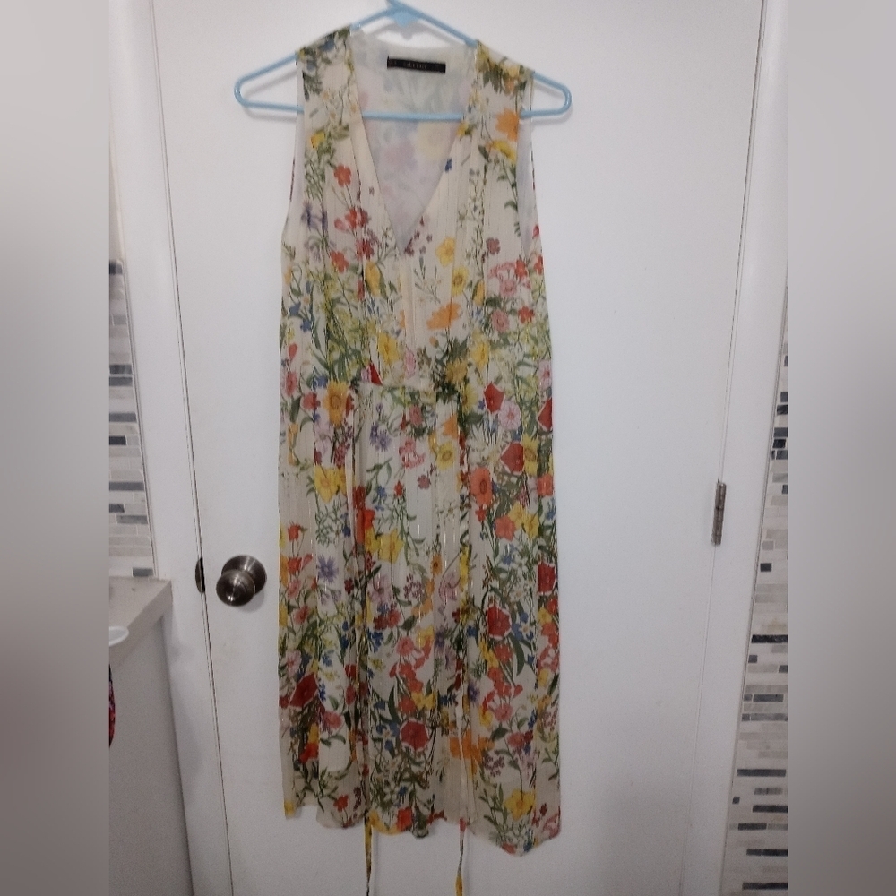 Zara Basic Sleeveless Floral Sheer Lined Midi Dress V neck Gold Shimmer Streaks